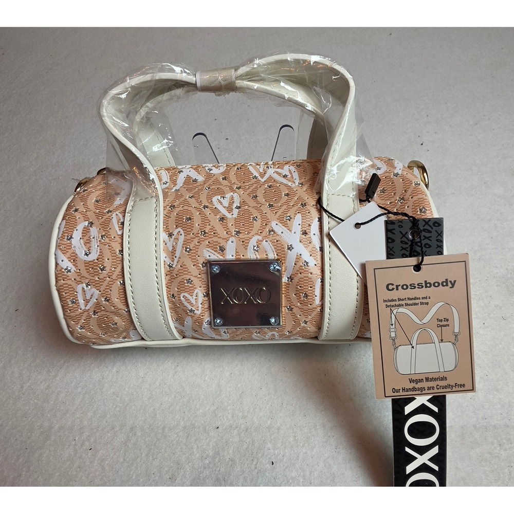 XOXO Mini Barrel Crossbody Bag Tan White Monogram Heart Vegan Leather NWT
